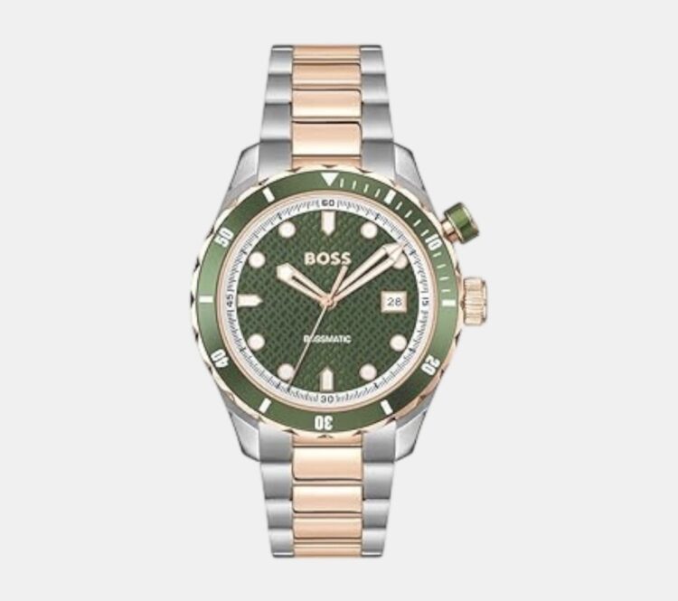 Boss 1514181 Men’s Watch – Bossmatic Hybrid, Green Dial, Two-Tone Steel & Rose Gold